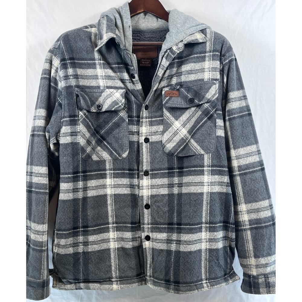 Mountain Ridge Mens Plaid Shacket Gray Beige Sherpa Fleece Lined Jacket Size L
